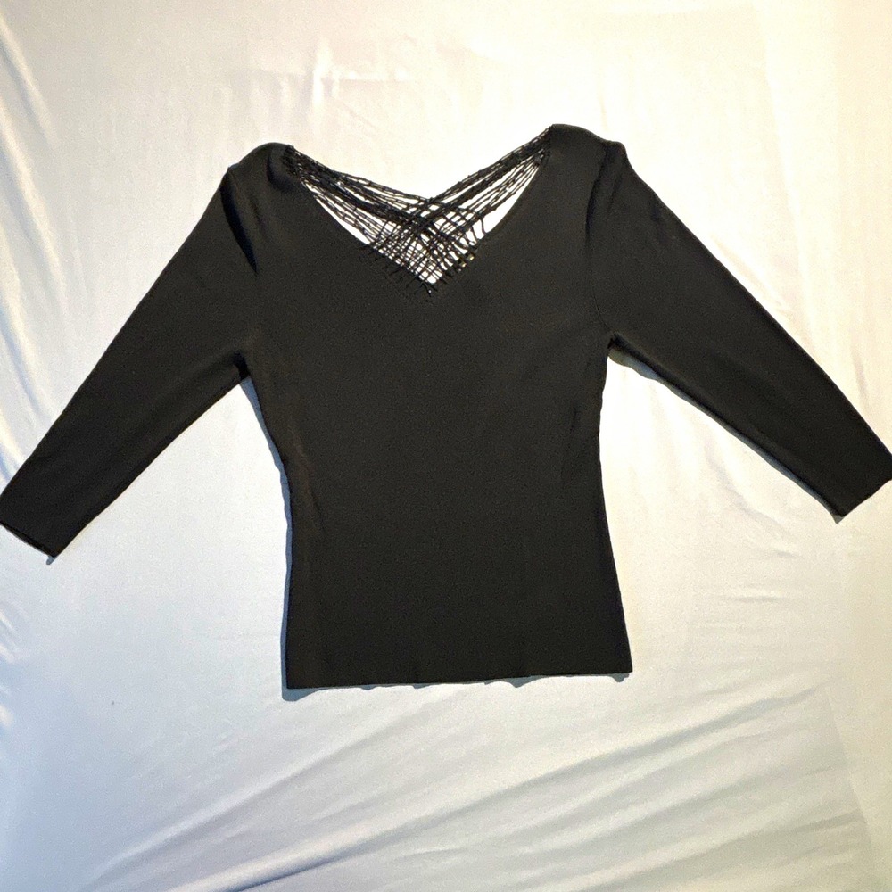Georgiou Studio Womens Black V-Neck Crochet Accent 3/4 Sleeve Knit Top L